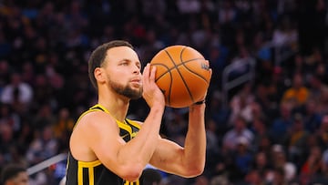 Nov 12, 2023; San Francisco, California, USA; Golden State Warriors guard Stephen Curry (30) shoots a free throw against the Minnesota Timberwolves during the third quarter at Chase Center. Mandatory Credit: Kelley L Cox-USA TODAY Sports