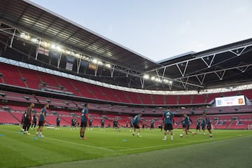 El grupo en el césped de Wembley.