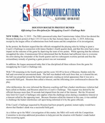 Comunicado de la NBA denegando la petición de los Rockets para repetir su encuentro con los Spurs.