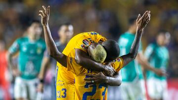 Luis Quinones of Mexico's Tigres celebrates with teammate Samir Caetano after scoring against Mexico's Leon during the CONCACAF Champions League football match at the Universitario stadium in Monterrey, Mexico, on April 25, 2023. (Photo by JCA / AFP)