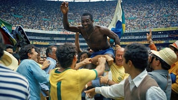 Pele celebrates the victory after winning the 1970 World Cup in Mexico match between Brazil and Italy at the Azteca on 21 June 1970.
