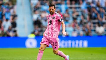 May 10, 2025; Saint Paul, Minnesota, USA; Inter Miami forward Lionel Messi (10) dribbles during the first half against Minnesota United at Allianz Field. Mandatory Credit: Brace Hemmelgarn-Imagn Images