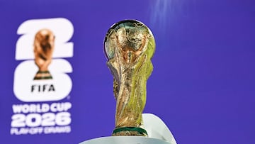 This photograph shows the 2026 FIFA World Cup trophy following the 2026 FIFA World Cup European Play-Off draw at the FIFA's Home of Football in Zurich on November 20, 2025. (Photo by Fabrice COFFRINI / AFP)