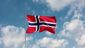 Flag Norway against cloudy sky. Country, nation, union, banner, government, Norwegian culture, politics. 3D illustration