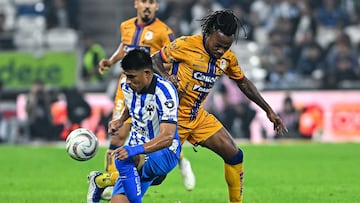(L-R), Jesus Gallardo of Monterrey fights for the ball with John Murillo of Atletico San Luis during the Quarterfinals second leg match between Rayados de Monterrey and Atletico San Luis, as part of Torneo Apertura 2023 Liga BBVA MX, at BBVA Bancomer Stadium, December 02, 2023, in Monterrey, Nuevo Leon.