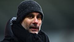 SWANSEA, WALES - FEBRUARY 10: Pep Guardiola, Manager of Manchester City reacts during a  during The Emirates FA Cup Fifth Round match between Swansea City and Manchester City at Liberty Stadium on February 10, 2021 in Swansea, Wales. Sporting stadiums aro