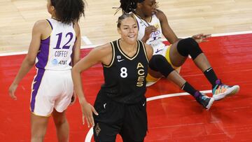 LAS VEGAS, NEVADA - MAY 21: Liz Cambage #8 of the Las Vegas Aces reacts after she scored against the Los Angeles Sparks and was fouled during their game at Michelob ULTRA Arena on May 21, 2021 in Las Vegas, Nevada. NOTE TO USER: User expressly acknowledges and agrees that, by downloading and or using this photograph, User is consenting to the terms and conditions of the Getty Images License Agreement.   Ethan Miller/Getty Images/AFP
 == FOR NEWSPAPERS, INTERNET, TELCOS &amp; TELEVISION USE ONLY ==