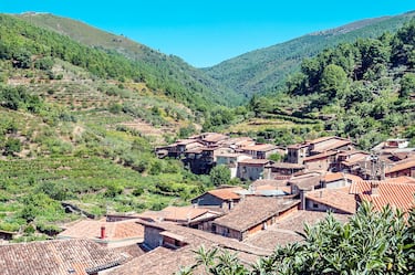Robledillo de Gata, un pintoresco pueblo de la Sierra de Gata en Cáceres, es un Conjunto Histórico-Artístico que destaca por su arquitectura popular única y su integración armoniosa en el escarpado paisaje. Sus calles estrechas y empinadas, que se adaptan a la abrupta orografía, están bordeadas por casas tradicionales construidas con materiales autóctonos como el adobe, la madera de castaño y la pizarra. Esta particularidad, junto a su ambiente rural y auténtico, confiere al pueblo un encanto especial que parece detenido en el tiempo. La localidad se articula en torno a la iglesia de Nuestra Señora de la Asunción y cuenta con varios puentes y pasarelas de madera que salvan el arroyo que lo atraviesa, añadiendo un toque distintivo a su estructura. Robledillo de Gata es un claro ejemplo de la arquitectura de la comarca y un destino ideal para quienes buscan tranquilidad y un viaje al pasado.