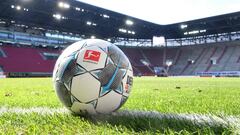 A football sits on the pitch prior to the  German first division Bundesliga football match FC Augsburg v VfL Wolfsburg on May 16, 2020 in Augsburg, southern Germany, as the season resumed following a two-month absence due to the novel coronavirus COVID-19
