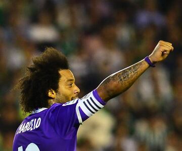 Real Madrid's Brazilian defender Marcelo celebrates after scoring during the Spanish league football match Real Betis vs Real Madrid CF