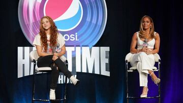 Jan 30, 2020; Miami, Florida, USA;  Recording artists Shakira (left) and Jennifer Lopez (right) during the Super Bowl LIV halftime talent show press conference at Hilton Downtown. Mandatory Credit: Kirby Lee-USA TODAY Sports