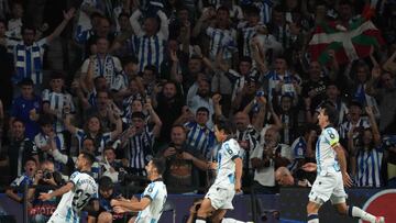 Real Sociedad's Spanish midfielder #23 Brais Mendez celebrates scoring the opening goal during the UEFA Champions League 1st round day 1 group D football match between Real Sociedad and Inter Milan at the Reale Arena stadium in San Sebastian on September 20, 2023. (Photo by CESAR MANSO / AFP)