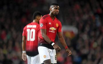 Paul Pogba of Manchester United reacts during the UEFA Champions League Quarter Final first leg match between Manchester United and FC Barcelona at Old Trafford on April 10, 2019 in Manchester