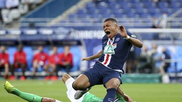 Kylian Mbappe of PSG gets seriously injured on this dangerous tackle by captain Loic Perrin of Saint-Etienne (who'll be sent off with a red card) during the French Cup final football match between Paris Saint-Germain (PSG) and Saint-Etienne (ASSE) on