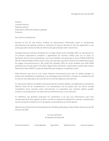 La carta que firmaron Francisca Cabrera, Ligia Peña, Jenny Morales, Vannya Campos y Nadia Herrera que fue dirigida a la Federación debido a la situación generada en la previa del Panamericano de Cancún.