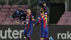 Soccer Football - La Liga Santander - FC Barcelona v Levante - Camp Nou, Barcelona, Spain - December 13, 2020 FC Barcelona&#039;s Lionel Messi celebrates scoring their first goal with Antoine Griezmann REUTERS/Albert Gea