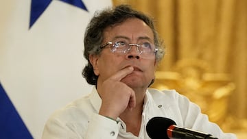 Colombia's President Gustavo Petro gestures during a joint message with his Panamanian counterpart Jose Raul Mulino, at the Palacio de las Garzas Presidential Palace, in Panama City, Panama March 28, 2025. REUTERS/Enea Lebrun