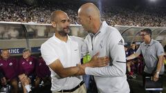 Guardiola y Zidane, durante un City-Madrid en 2017.