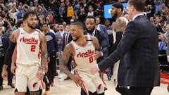 Feb 7, 2020; Salt Lake City, Utah, USA; Portland Trail Blazers guard Damian Lillard (0) yells at the referees after the game against the Utah Jazz at Vivint Smart Home Arena. The Jazz won 117-114. Mandatory Credit: Chris Nicoll-USA TODAY Sports