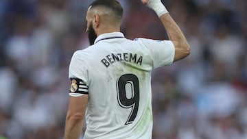 (FILES) Real Madrid's French forward Karim Benzema celebrates scoring his team's second goal during the Spanish league football match between Real Madrid CF and UD Almeria at the Santiago Bernabeu stadium in Madrid on April 29, 2023. French forward Karim Benzema will leave Real Madrid at the end of this season, the club announced on June 4, 2023. (Photo by Thomas COEX / AFP)