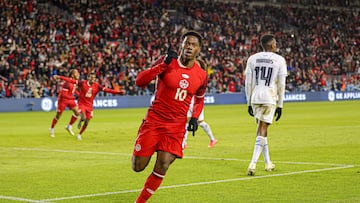 Jonathan David celebrando un gol con la Selección de Canadá en el amistoso frente a Panamá