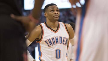 OKLAHOMA CITY, OK - APRIL 21: Russell Westbrook #0 of the Oklahoma City Thunder waits to shoot free throws against the Houston Rockets during the second half of Game Three in the 2017 NBA Playoffs Western Conference Quarterfinals on April 21, 2017 in Oklahoma City, Oklahoma. Oklahoma City defeated Houston 115-113 NOTE TO USER: User expressly acknowledges and agrees that, by downloading and or using this photograph, User is consenting to the terms and conditions of the Getty Images License Agreement.   J Pat Carter/Getty Images/AFP
 == FOR NEWSPAPERS, INTERNET, TELCOS &amp; TELEVISION USE ONLY ==