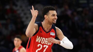 NEW ORLEANS, LA - FEBRUARY 17: Jamal Murray #27 of the Denver Nuggets reacts in the second half against the US Team during the 2017 BBVA Compass Rising Stars Challenge at Smoothie King Center on February 17, 2017 in New Orleans, Louisiana.   Ronald Martinez/Getty Images/AFP
 == FOR NEWSPAPERS, INTERNET, TELCOS &amp; TELEVISION USE ONLY ==