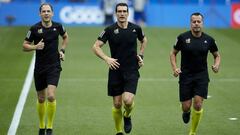 Referee Martinez Munuera before the LA LIGA SANTANDER SOCCER MATCH between REAL SOCIEDAD C.F VS GRANADA C.F at Reale Arena.San Sebastian, Guipuzcoa ,Spain, 10/07/2020. 