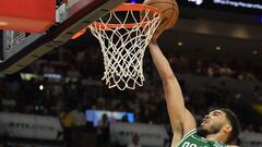 May 29, 2022; Miami, Florida, USA; Boston Celtics forward Jayson Tatum (0) drives to the basket against Miami Heat forward P.J. Tucker (17) during the second half of game seven of the 2022 eastern conference finals at FTX Arena. Mandatory Credit: Jim Rassol-USA TODAY Sports