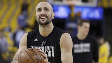 FILE - In this May 16, 2017, file photo, San Antonio Spurs' Manu Ginobili warms up for Game 2 of the the team's NBA basketball Western Conference final against the Golden State Warriors, in Oakland, Calif. Ginobili announced on Wednesday, July 19, 2017, that he will play a 16th season with the Spurs. The Argentine guard who turns 40 next week made the announcement with a brief message on his Twitter account. (AP Photo/Marcio Jose Sanchez, File)