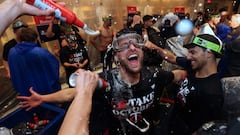 Oct 4, 2023; Minneapolis, Minnesota, USA; Minnesota Twins players celebrate after defeating the Toronto Blue Jays during game two of the Wildcard series for the 2023 MLB playoffs at Target Field. Mandatory Credit: Jesse Johnson-USA TODAY Sports