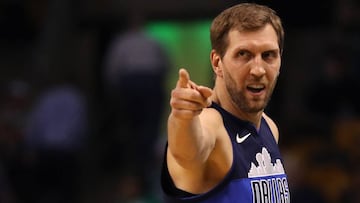 BOSTON, MA - DECEMBER 6: Dirk Nowitzki #41 of the Dallas Mavericks reacts during the first quarter against the Boston Celtics at TD Garden on December 6, 2017 in Boston, Massachusetts.   Maddie Meyer/Getty Images/AFP
 == FOR NEWSPAPERS, INTERNET, TELCOS &amp; TELEVISION USE ONLY ==