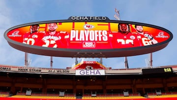 KANSAS CITY, MISSOURI - JANUARY 29: A general view of the video board prior to a game between the Cincinnati Bengals and Kansas City Chiefs in the AFC Championship Game at GEHA Field at Arrowhead Stadium on January 29, 2023 in Kansas City, Missouri.   David Eulitt/Getty Images/AFP (Photo by David Eulitt / GETTY IMAGES NORTH AMERICA / Getty Images via AFP)