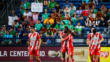 Aug 4, 2024; Seattle, Washington, USA; Necaxa forward Diber Cambindo (27, second from left) hugs defender Alfredo Gutierrez (16) after scoring a goal against the Seattle Sounders FC during the first half at Lumen Field. Mandatory Credit: Joe Nicholson-USA TODAY Sports