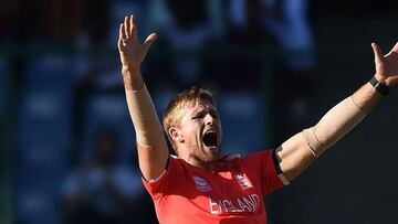 England's David Willey successfully appeals for a LBW decision against Afghanistan's Mohammad Shahzad.