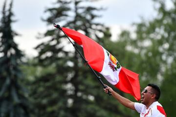 MOSCOW, RUSSIA - JUNE 14: Fan of Peru cheers during the 2018 FIFA World Cup Russia group A match between Russia and Saudi Arabia at FIFA Fans Fest Moscow on June 14, 2018 in Moscow, Russia. (Photo by Hector Vivas/Getty Images)