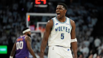 Anthony Edwards #5 of the Minnesota Timberwolves celebrates during the second half in game one of the Western Conference First Round Playoffs against the Phoenix Suns at Target Center on April 20, 2024 in Minneapolis, Minnesota.