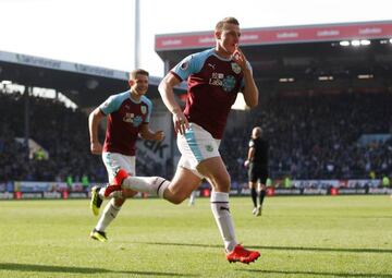 Burnley's Chris Wood celebrates the opener against Spurs