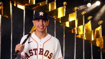 HOUSTON, TX - OCTOBER 27:  Mauricio Dubón #14 of the Houston Astros poses for a photo during the 2022 World Series Workout Day at Minute Maid Park on Thursday, October 27, 2022 in Houston, Texas. (Photo by Daniel Shirey/MLB Photos via Getty Images)