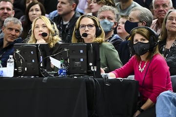 ESPN's Doris Burke and Beth Mowins look on during a game between the Utah Jazz and Golden State Warriors