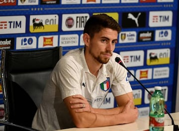 Jorginho speaks with the media during a Italy press conference at Centro Tecnico Federale di Coverciano.