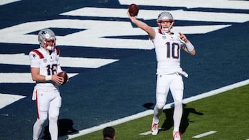 SANTA CLARA, CALIFORNIA - FEBRUARY 08: Drake Maye #10 of the New England Patriots warms up prior to the start of Super Bowl LX against the Seattle Seahawks at Levi's Stadium on February 08, 2026 in Santa Clara, California. Thearon W. Henderson/Getty Images/AFP (Photo by Thearon W. Henderson / GETTY IMAGES NORTH AMERICA / Getty Images via AFP)