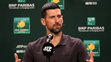 INDIAN WELLS, CALIFORNIA - MARCH 04: Novak Djokovic of Serbia fields questions form the media during Day 1 of the BNP Paribas Open at the Indian Wells Tennis Garden on March 04, 2026 in Indian Wells, California. Matthew Stockman/Getty Images/AFP (Photo by MATTHEW STOCKMAN / GETTY IMAGES NORTH AMERICA / Getty Images via AFP)