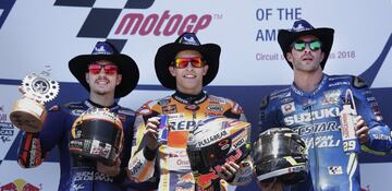 Marc Marquez,el ganador de la prueba, entre Maverick Viñales, segundo, y Andrea Iannone, tercero.