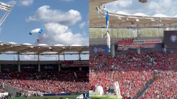 Paracaidista en el estadio del Stade Toulousaine