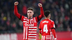 Viktor Tsyhankov of Girona FC celebrates after scoring the 2-0 during the La Liga match between Girona FC and UD Almeria played at Montilivi Stadium on February 17, 2023 in Girona, Spain. (Photo by Bagu Blanco / Pressinphoto / Icon Sport)