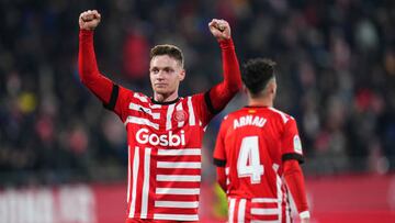 Viktor Tsyhankov of Girona FC celebrates after scoring the 2-0 during the La Liga match between Girona FC and UD Almeria played at Montilivi Stadium on February 17, 2023 in Girona, Spain. (Photo by Bagu Blanco / Pressinphoto / Icon Sport)