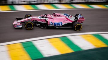 SAO PAULO, BRAZIL - NOVEMBER 09: Sergio Perez of Mexico driving the (11) Sahara Force India F1 Team VJM11 Mercedes on track during practice for the Formula One Grand Prix of Brazil at Autodromo Jose Carlos Pace on November 9, 2018 in Sao Paulo, Brazil.  (Photo by Lars Baron/Getty Images)