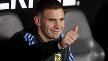 (FILES) Argentina's forward #20 Franco Mastantuono gestures during the 2026 FIFA World Cup South American qualifiers football match between Argentina and Colombia at the Mas Monumental stadium in Buenos Aires, on June 10, 2025. Real Madrid have agreed a deal to sign teenage playmaker Franco Mastantuono from River Plate, the Spanish giants announced on Friday.The 17-year-old attacking midfielder will cost Madrid 45 million euros ($52 million) according to Spanish media, while Argentine reports suggest the price may be as high as 60 million euros. (Photo by ALEJANDRO PAGNI / AFP)