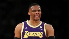 LOS ANGELES, CALIFORNIA - FEBRUARY 16: Russell Westbrook #0 of the Los Angeles Lakers reacts to a play during the first quarter against the Utah Jazz at Crypto.com Arena on February 16, 2022 in Los Angeles, California. NOTE TO USER: User expressly acknowledges and agrees that, by downloading and or using this Photograph, user is consenting to the terms and conditions of the Getty Images License Agreement.   Katelyn Mulcahy/Getty Images/AFP
== FOR NEWSPAPERS, INTERNET, TELCOS & TELEVISION USE ONLY ==
